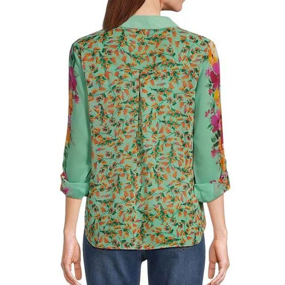 Fig and Flower Mint‎ Green Floral Button Up Long Sleeve Top  -- XL - Picture 3 of 15